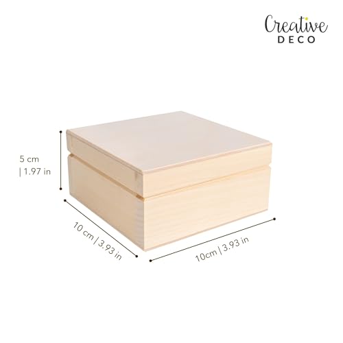 Creative Deco Kleine Holzkiste mit Deckel | 10x10x5 cm (+/-0,5 cm) | Geschenkbox Schmuckkästchen | Unbemalt Natur Holzbox klein für Decoupage, Dekoration, Aufbewahrung | Erinnerungsbox Baby