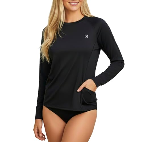 Hurley Sun Shirt Women with Pockets - Long Sleeve Rash Guard SPF 50+ UV Sun Protection Quick Dry Swim Shirt Workout Top Black