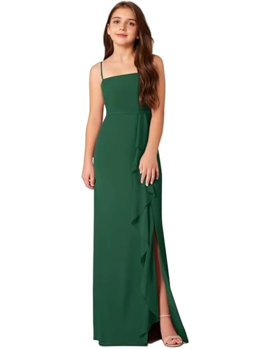 Spaghetti Strap Junior Bridesmaid Dresses for Girls Chiffon Ruffle Formal Party Flower Girl Dress with Slit