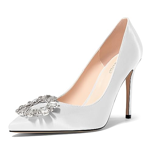 TNYNFBEB Womens Stiletto High Heel Pointed Toe Pumps Slip-on Satin Buckle Rhinestone Crystal Wedding Party Basic Classic Summer 3.9 Inches Heels
