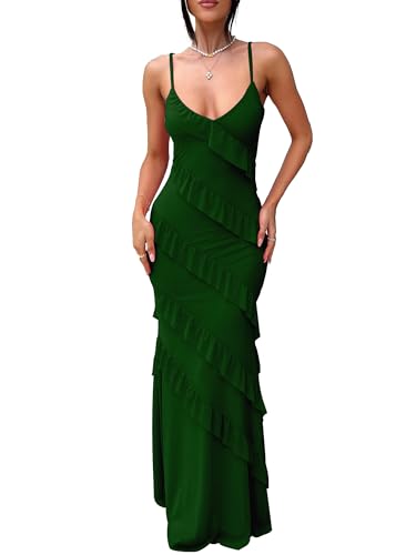 Image of HOCILLE Women's Sexy V Neck Backless Bodycon Spaghetti Strap Elegant Ruffle Maxi Cocktail Party Dresses