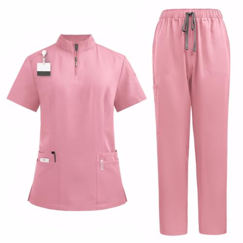 Meichoon DK50 - Conjunto de uniforme médico unisex de poliéster con cremallera en el cuello, pantalones elásticos, 4 bolsillos, transpirable, antibolitas, Rosa, M