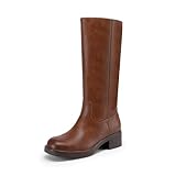 DREAM PAIRS Womens Knee High Boots Square Toe Platform Chunky Block Heel Banana Campus Boots for Women Comfortable Low Heel Side Zipper Womens Riding Tall Boots,Size 8,Light Brown,DWUMKB2539