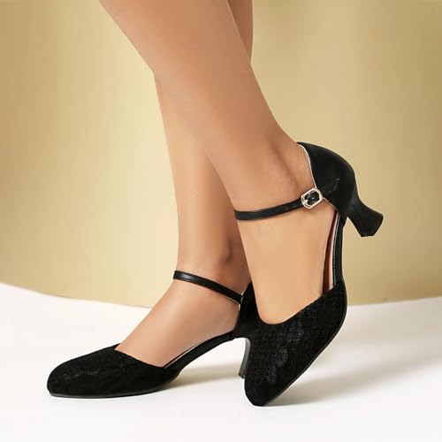 Bellirala Womens Lace Flower Heels Cute Retro Rockabilly Shoes Low Kitten Heels Mary Janes Ankle Strap Vintage Cosplay Shoe Elegant Dress Dance Pumps3