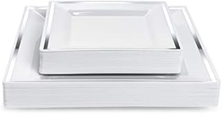 MATANA - 40 (Pack) Premium Multi-Use Square Silver Rim Plastic Dinner & Dessert Party Plates - 20 x 24cm, 20 x 16cm