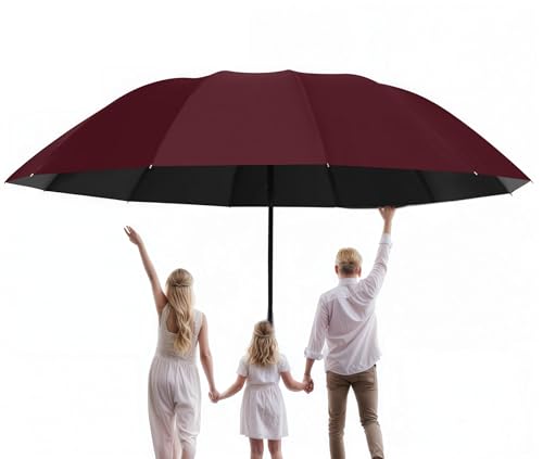 Meichoon Paraguas de Tamaño Súper Grande para 3-4 Personas Mejorado con 12 Varillas Impermeable Resistente al Viento Ligero Protección Solar Viaje de Negocios Rojo