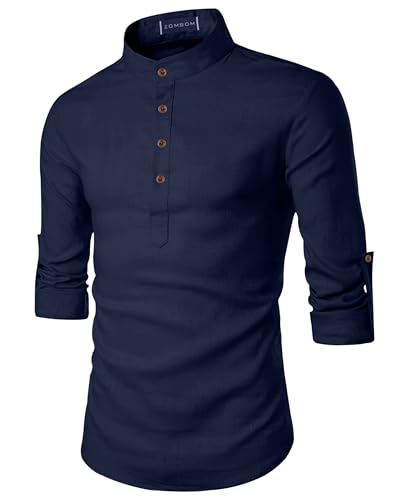 Image of Zombom Men's Cotton Blend Solid Casual Regular Fit Mandarin /Chinese Collor Short Full Sleeve Kurta for Men