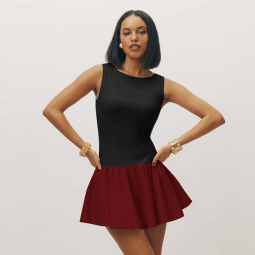 Image of YOXUA Women's Tank Drop-Waist A Line Dress Sleeveless Crewneck Solid Slim Fit Puffy Beach Short Summer Dresses