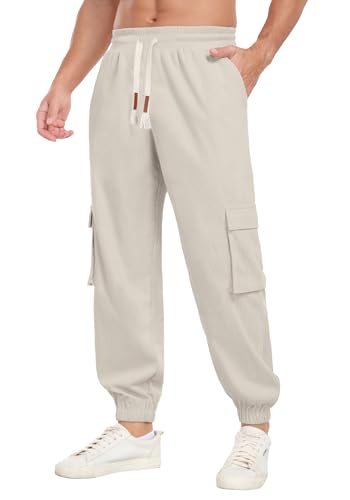 Askdeer Mens Corduroy Joggers Pants Casual Cargo Pants Drawstring Elastic Waist Baggy Tapered Sweatpants with 5 Pockets Beige3