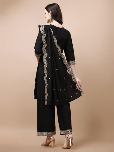 Image of Pratham Blue Kurta Set for Women Silk Embroidered Straight Kurta Set for Women with Palazzos and Dupatta