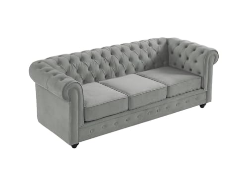 Vente-unique-Sofá 3 plazas de Terciopelo Chesterfield - Gris Plata