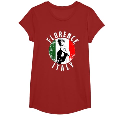 Vintage David Sculpture in Florence Tuscany with Italy Flag T-Shirt, Girls, Cranberry Red, Medium