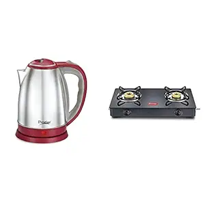 Prestige 1.5 Litre Kettle 1500-watts, Red + Prestige Magic Glass Top 2 Burner Gas Stove, Manual Ignition, Black