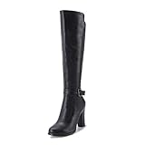  Botas hasta la rodilla para mujer Tacones de tacón alto Correa con hebilla Cremallera Color sólido Trabajo simple de negocios Botas largas de cuero Botas de invierno de felpa cálidas diarias