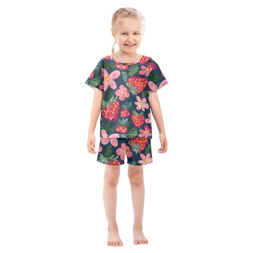 ALAZA Cartoon Strawberry Blossom Leaf Pajamas Short Sleeve 2 Piece Sleepwear Top and Bottom Pajama Set Unisex3
