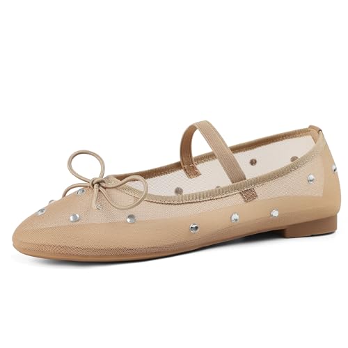 Mesh Ballet Flats for Women Crystal Rhinestone Mary Jane Shoes Comfortable Round Toe Ballerina Flats with Stretch Strap Trendy