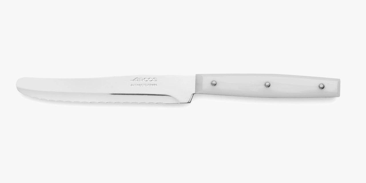 Arcos Cuchillos de Mesa - Hoja Serrada Acero Inoxidable Nitrum 110 mm - Cuchillo de Postre - Mango Nylon Blanco - Serie C - Mayor Durabilidad y Corte Preciso