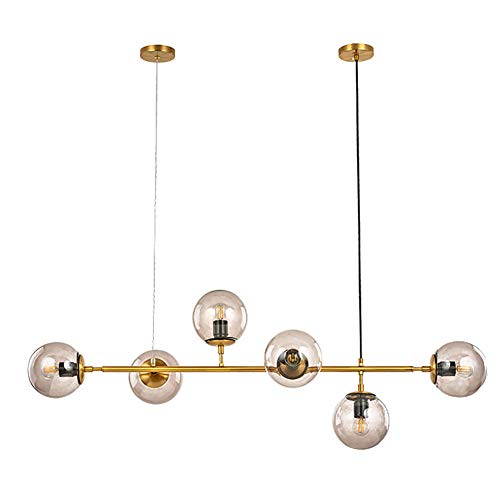 MOOOEHYM Lampadine Non Incluse,Regolazione Plafoniera Per Isola Cucina Sala Da Pranzo,6 Luci,E26 (In Inglese) Base,Moderno Fava Magica Molecole Luci A Ciondolo Chandelier-Cognac Oro 6 testa