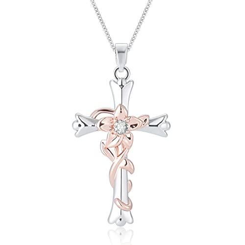 ACECHA Silver Cross Necklace for Women, Dainty Faith Cross Pendant Necklaces with Daffodils Jewelry for Mom Wife Daughter Sister | Gifts for Birthday Anniversary Christmas Easter(Narcissus-Vitality)
