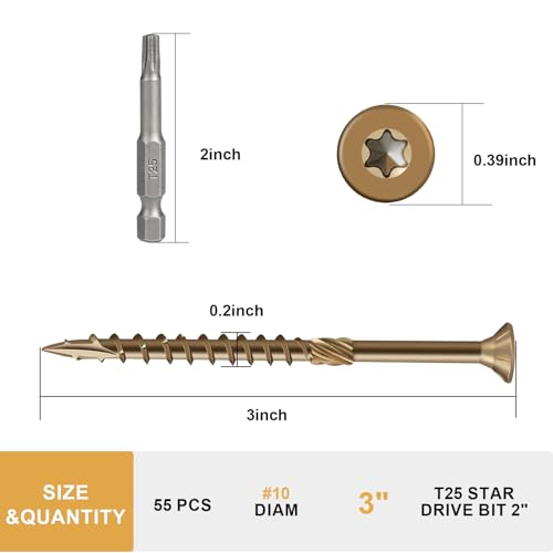 Image of Deck Screws 3 Inch, Wood Screws #10x3 inch, 55 Pcs Golden Brown