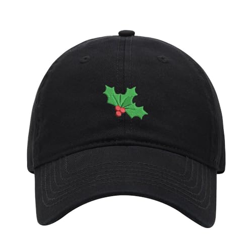 Mens Baseball Cap Christmas Holly Embroidered Washed Cotton Vintage Dad Gifts Hat Womens Hat (Black)