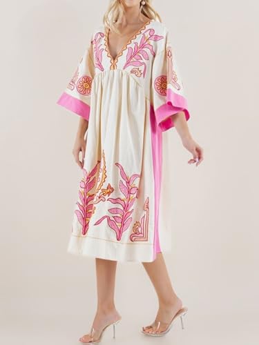 Image of Joiemont Womens Oversized Floral Embroidered Long Dress with V-Neck and 3 /4 Sleeves Vintage Embroidery Babydoll Dress