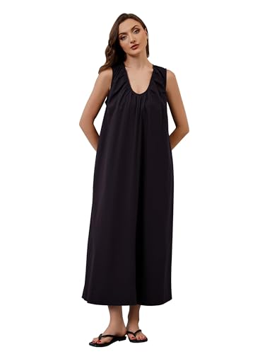 Image of OLAPTA Women Summer Sleeveless Maxi Dress Scoop Neck Ruched Loose Fit Casual Elegant Solid Vacation Long Dress with Pockets