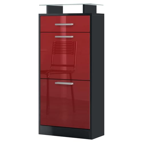 Vladon Meuble Chaussure Loret V2, Étagère à Chaussures pour 8 Paires de Chaussures avec 2 clapets, 1 tiroir et Une Tablette en Verre, Noir Mat/Bordeaux...