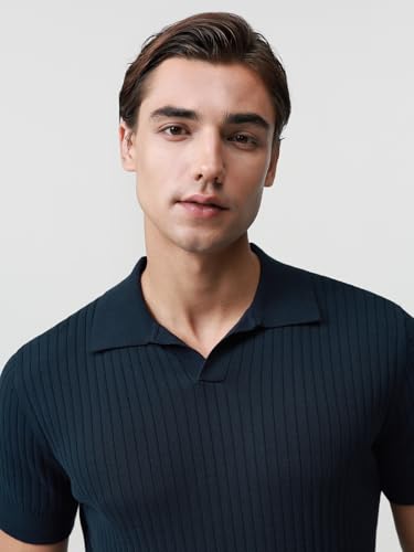 Pure BCI Cotton Short Sleeve Polo Shirts for Men Johnny Collar Sweater High Twist Ribbed Knit Buttonless Top4