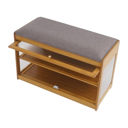 CHFUNE Zapatero con banco, 2 niveles, de bambú, 42 x 70 x 32 cm, estable de pie, ideal para pasillo, entrada, baño, salón, pasillo, marrón oscuro, marrón oscuro