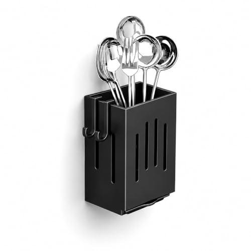 Image of KitchAntiqueWall Mounted Utensil Holder with Hooks | Self Draining Cutlery Organizer, Adhesive Installation | Waterproof Kitchen Spoon Chopstick Storage Rack for Countertop & Wall Use (1Pc, Black)