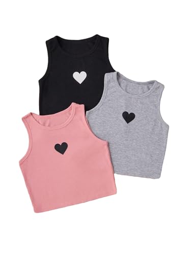 Image of Milumia Girl's 3 Pack Ribbed Knit Crew Neck Cropped Tank Top Sleeveless Summer Tops Heart Black Pink Grey 9Y