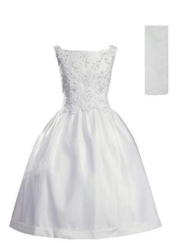 White Satin Communion Baptism Dress With Beaded Applique - Size 18X #TOP18