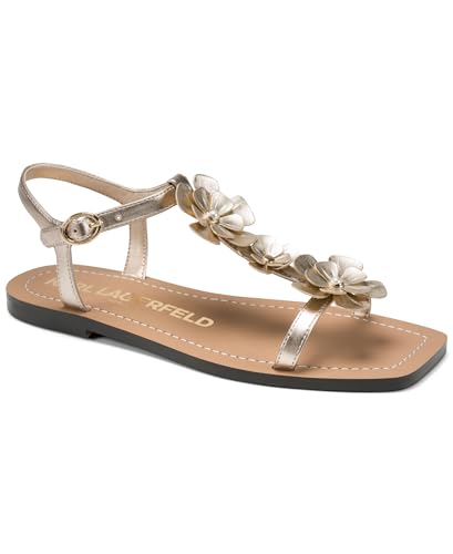 KARL LAGERFELD Women's Margate Flat Thong Sandal with Flower Embellishments, WHITE GOLD, 11