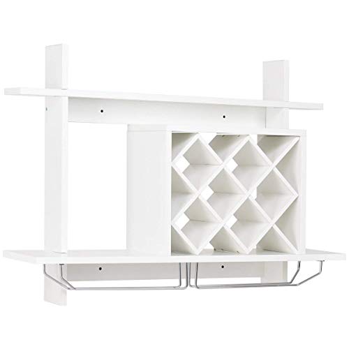 Giantex Wall Mounted Wine Rack Organizer W/Metal Glass Holder & Multifunctional Storage Shelf Modern Diamond-Shaped Wood Wine Server For 6 Bottles Wine Storage Display Rack (White) #TOP2