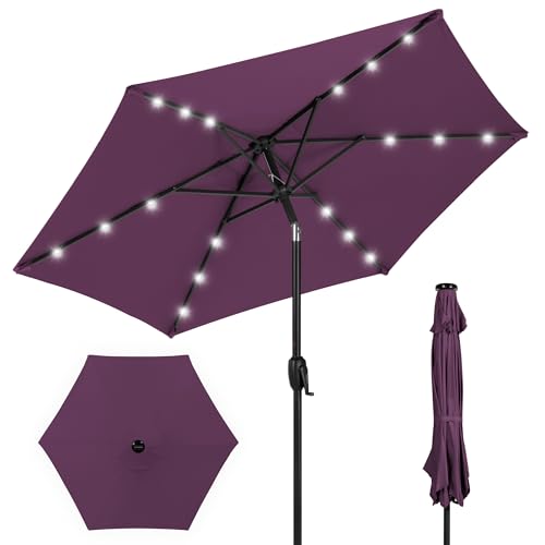 Image of Best Choice Products 7.5ft Solar Umbrella LED Lighted Patio Umbrella, Table Market Umbrella with Tilt and Crank, Outdoor Umbrella for Garden, Deck, Backyard, Pool and Beach - Amethyst Purple