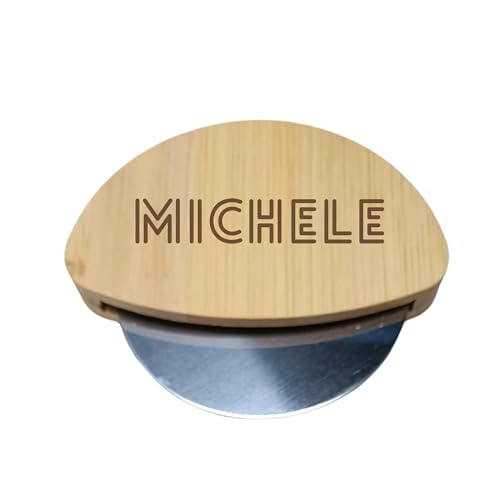 Wood you Rotella Tagliapizza, in Bambù Naturale con Incisione Laser, 8x6x1,5 cm, Idea Regalo Personalizzabile con Nome o Logo, Manico curvo, Handmade in Italy