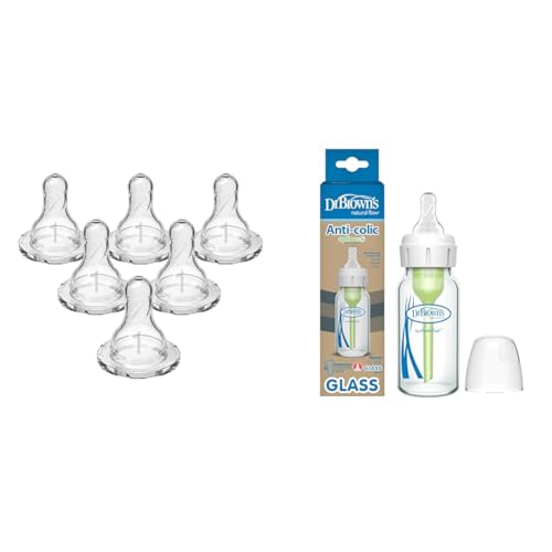 Image of Dr. Brown's Natural Flow Level 1 Slow Flow Silicone Nipple and Anti-Colic Narrow Glass Baby Bottle Bundle, 6 Count