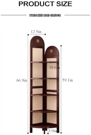 5-Tier Rattan Corner Shelf, Free-Standing Tall Display Rack for Living Room, Bedroom, Office & Balcony – Sturdy Feet, Narrow Design, Space-Saving Storage Solution (Brown)