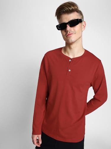 Image of Veirdo Pure Cotton Regular Fit Henley Neck Plain Solid Full Sleeve T-Shirt for Men & Boys (Color Options: Black, Red, Swanwhite, Navy Blue, White, Cork, Green, Maroon, Mustard, Royal Blue)