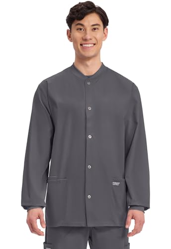 Cherokee Men’s Scrub Jacket Snap Front Medical with 3 Pockets, Knit Cuffs, Soft Fade Resistant 2-Way Stretch - WW360, M, Pewter