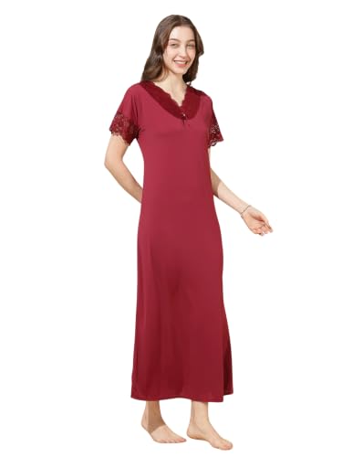 Image of 9shines Label Stylish Soft Modal Maxi Nighty | Honeymoon Nighty | Full Length Trendy Nightgown | V-Neck Lace | Premium Nightdress | Soft Long Nightdress | Maxi Gown Nightwear for Women (Malai Satin)