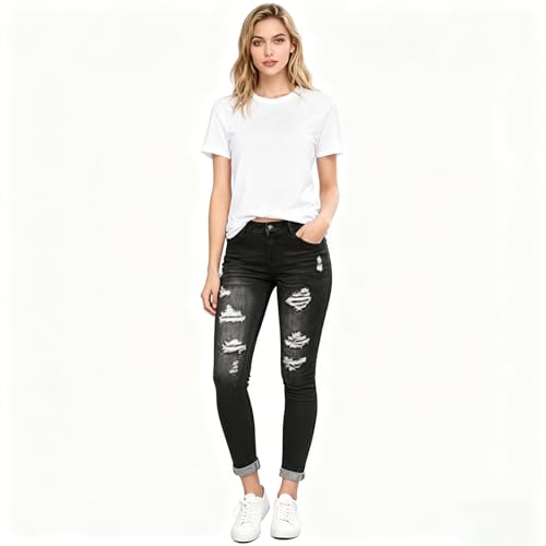LONGBIDA Women's Stretch Ripped Jeans Skinny Distressed Destroyed Cuffed Denim Pants