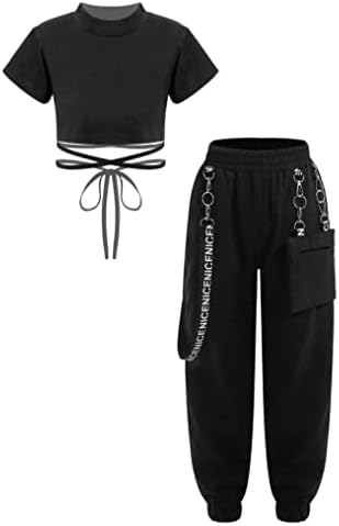 Doomiva Girls Dance Outfits Hip Hop Dance Suit Lace up Crop Tank Top with Chain Long Pants 2PCS Active Set