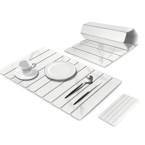 Large Stone Dish Drying Mat for Kitchen Counter, 24"×16" Marble-Pattern Dish Drying Mat with 8"x 4" Coasters, Non - Slip Collapsible Absorbent Mat for Multi - Purpose, Match Any Countertop【White】 by Sangukiro - Used condition - US$17.41