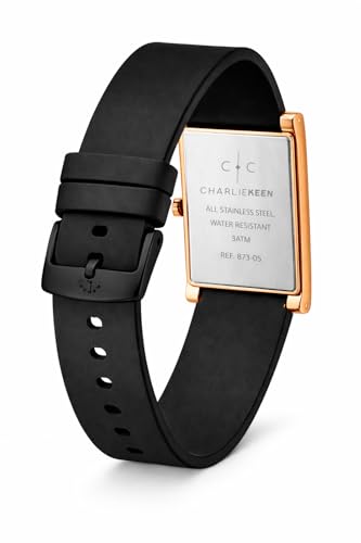 Image of CHARLIEKEEN Rectangular Wristwatch, Black Dial with Rose Gold Roman Numerals, Silicone Strap, Elegant Style