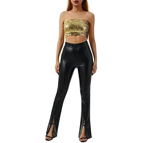 Dubute Women Sparkly Tube Tops Shiny Sleeveless Crop Bandeau Sequin Strapless Top Clubwear (Golden, One Size) Cover