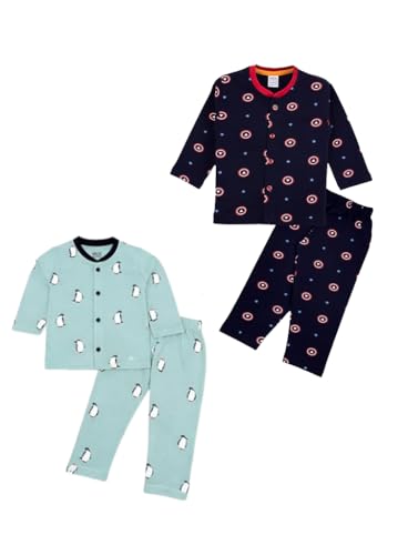 Image of 3BROS Kids Pure Cotton Night Suit Set | Boys Girls Printed Sleepwear Shirt & Pajama Clothing Combo | Soft Breathable Night Dress Outfit | Pack of 2