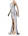 HRESSLBD One Shoulder Sleeveless Party Dress for Women, Women Maxi Long Dress Ruched Split Bodycon, Womens One Shoulder Sexy High Split Long Maxi Dresses (Silver, XL)