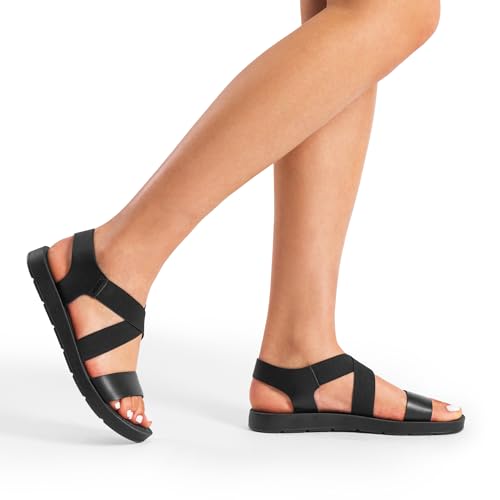DREAM PAIRS DREAM PAIRS Women's Open Toe Elastic Ankle Strap Flat Summer Sandals,Size 9,All Black-Elastic,ELENA-2